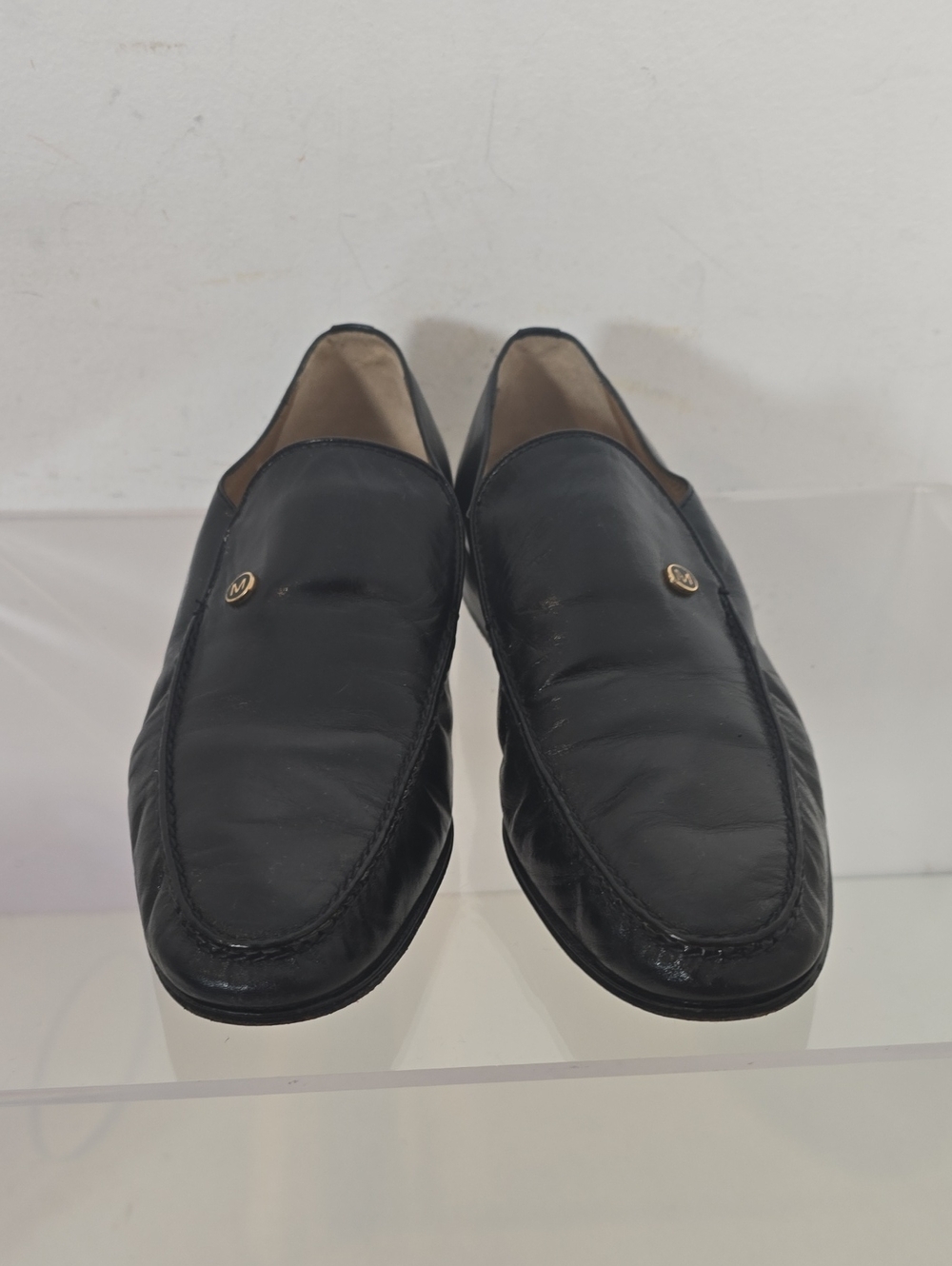 MORESCHI Black Leather Slip-On Loafers with Gold Accent